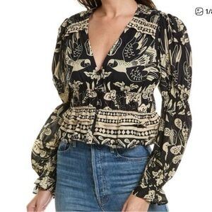 FARM Rio Black and Ivory Floral Blouse